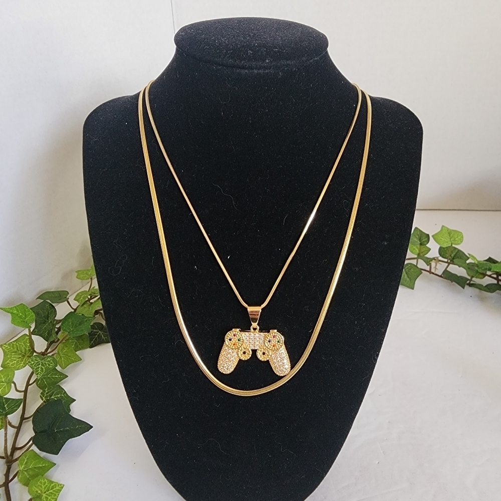 Game Controller Pendant with Chain Necklace Gold Plated Steel